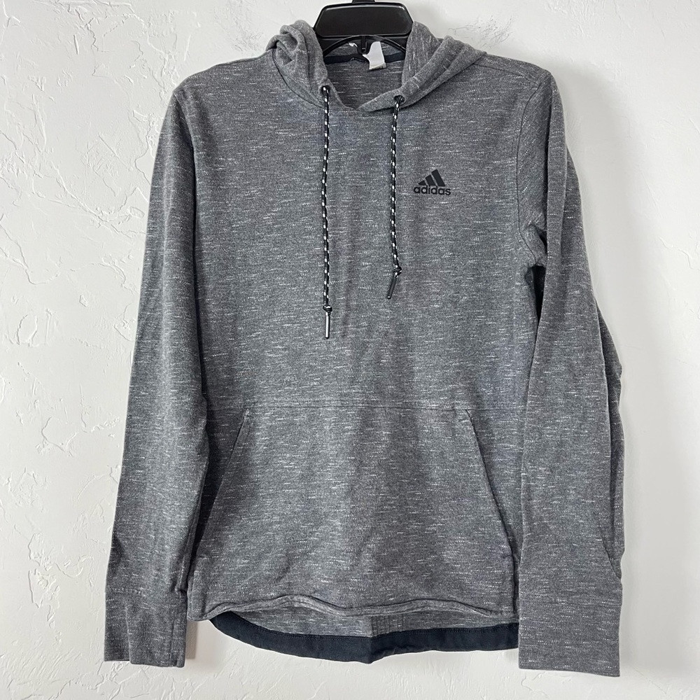 Adidas Hoodie Pullover Jacket Heather‎ Gray Pique Knit Logo Pockets 3 Stripe